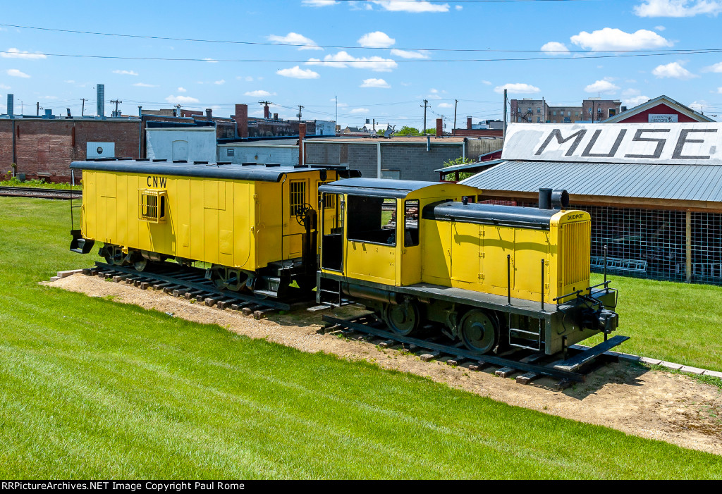 USAX 2358, Davenport 20T, and CNW 10515 ex CGW 616 Caboose on display at the Clinton County Historical Museum at Riverview Park